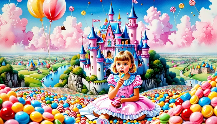 (top air view), (pretty little girl, candy eating, around sweets, Candyland), in the background is a castle of sweets, ((Ekaterina Babok + greg-simkins style)), pop surrealism, magic naive art, primitivism, ((watercolor juice colorful)), 
, ((best quality,...