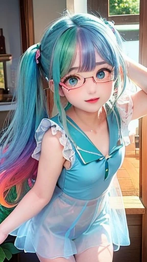 small face、 (alone:1.5,)Super detailed,bright colors, very beautiful detailed anime face and eyes, look straight,  shiny_skin,girl, (((rainbow colored hair, colorful hair, Half red、Half emerald green hair: 1.2))), 、shiny hair, delicate beautiful face, blus...