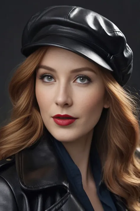 A close-up portrait of a gorgeous, beautiful, stunning russian woman wearing a classy outfit: a black belted leather trench coat, a navy blue shirt, and a black newsboy cap. A redhead woman from Russia, delicate red lips, pastel pink skin tone, soft flawle...