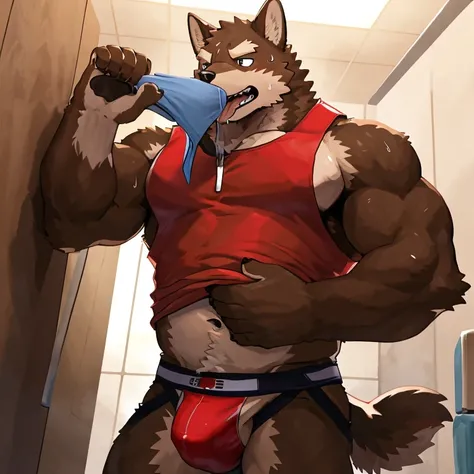 POV,top angle,sleep on stomach,lats,trapezius,butt lift,kemono, anthro (brown dog), male, (brown dog), muscular, back, red body, white belly ,sweat, ((correct anatomy)), stand, public toilet, perfect public toilet background, 1 boy, solo, wearing jockstrap...