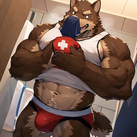 POV,top angle,sleep on stomach,lats,trapezius,butt lift,kemono, anthro (brown dog), male, (brown dog), muscular, back, red body, white belly ,sweat, ((correct anatomy)), stand, public toilet, perfect public toilet background, 1 boy, solo, wearing jockstrap...