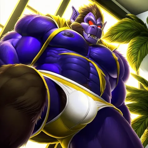 e621, ((oil painting (medium), by Rayhuma, by Dreamandnightmare)), solo hyper muscle-gut male ((gorilla, prick ears, brown fur, massive lactation pecs, lot of lactation, massive penis through underwear leg, fur on the cheek, long muzzle, gold monkey tail m...