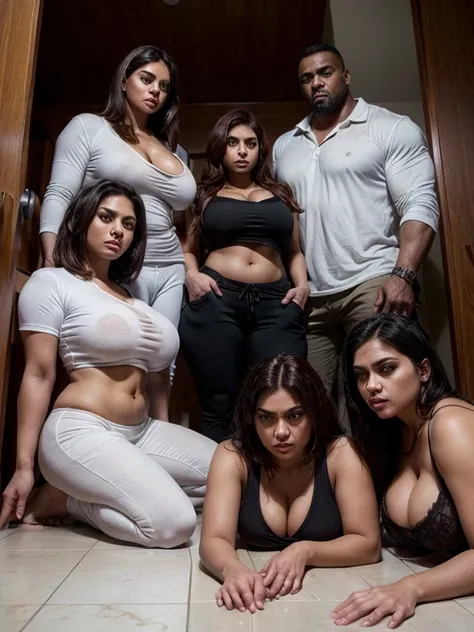 four persian girls with rich-auburn short hair wearing tight-shirts and long white jogging-pants (girls stare at (the-camera) with lust and desire)  (laying on-floor in front of a huge muscular black man)) (the man huge muscular man stares at them)
