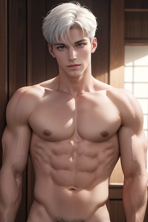 Full body photorealistic 4k, high resolution, best quality, masterpiece, perfect color, perfect shade, perfect lighting, Posted by e621, ((portrait)), ((handsome man)), perfect male figure, Short hair details，chest muscles，abdominal muscles，Naked torso，nud...