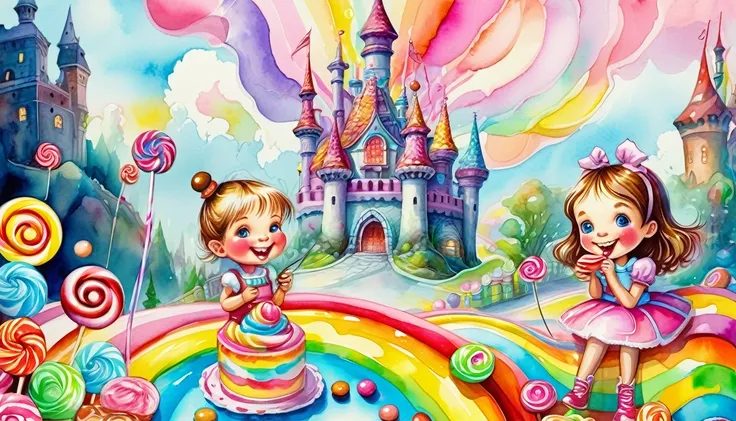 (top air view), (pretty little SMILES girl & BOY, candy eating, around sweets, Candyland), in the background is a castle of sweets, ((Ekaterina Babok + greg-simkins style)), pop surrealism, magic naive art, primitivism, ((watercolor juice colorful)), 
, ((...