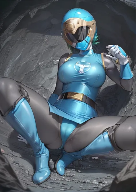 (best quality, masterpiece, RAW photo,ultra-detailed:1.2), 1girl, solo, keep head down, ((Hurricane Blue outfit, belt, gloves, helmet, blue spandex vest, sunglasses, blue boots, blue skirt, gray leggings, white gloves)), large breasts, (((spread legs:1.1))...