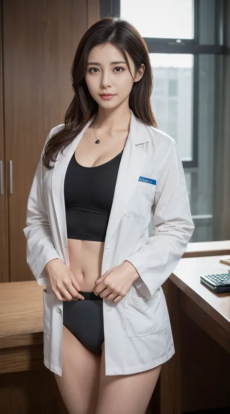 Photorealistic beautiful doctor、amazingly beautiful、doctor&#39;Underwear under a lab coat, collared shirt、(highest quality、8K、32k、masterpiece、nfsw:1.3)、ultra high resolution,(Photoreal:1.4),Raw photo, detailed face,,beautiful hair, ((doctor style)), , blac...