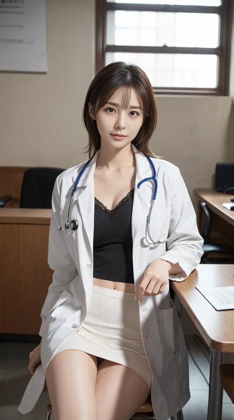 photorealistic beautiful doctor、amazingly beautiful、doctor&#39;under her white coat is sexy red underwear, collared shirt、(highe...