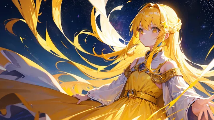 beautiful girl, yellow hair, yellow eyes,star clip, long hair, yellow royal clothes, start sky, 8k resolution, sky, galaxy