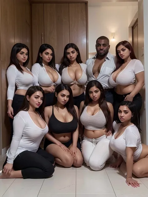 four persian girls with rich-auburn short hair wearing tight-shirts and long white jogging-pants  (the girls express lust and desire) (the girls smile)  (laying on-floor) ( the girls surround a huge muscular vanta-black african man) (the huge muscular vant...