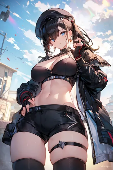  22 years old, (milf:0.8), (solo:1.5), (sfw:1.25), cute breast, beautiful breasts, medium tits, thin waist, big ass:1.0, Raised sexy, (beret, black jacket, open clothes, cleavage, midriff, black shorts, black thighhighs, thigh strap, fingerless gloves, sin...