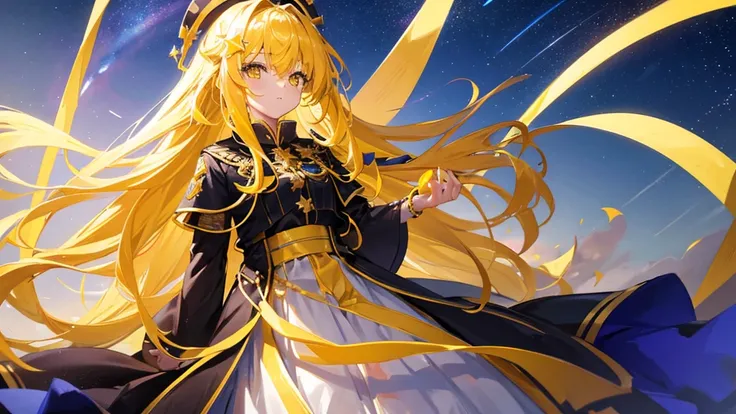 beautiful girl, yellow hair, yellow eyes,star clip, long hair, yellow royal clothes, start sky, 8k resolution, sky, galaxy