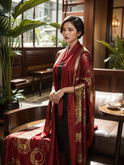 a cinematic silhouette of an Indonesian girl with short hair lying on the sofa and facing the camera wearing authentic, sexy traditional clothing and a brown and dark red shawl, the place is in a cafe and behind it there are aesthetic plants. the photo is ...