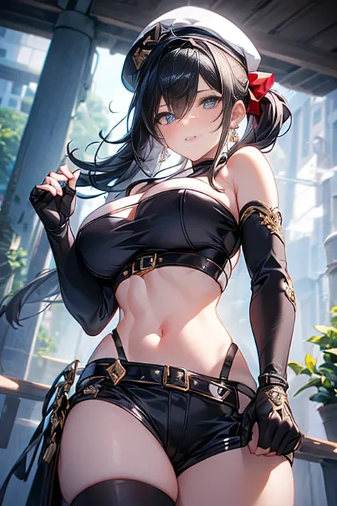  22 years old, (milf:0.8), (solo:1.5), (sfw:1.25), cute breast, beautiful breasts, medium tits, thin waist, big ass:1.0, Raised sexy, (beret, black jacket, open clothes, cleavage, midriff, black shorts, black thighhighs, thigh strap, fingerless gloves, sin...