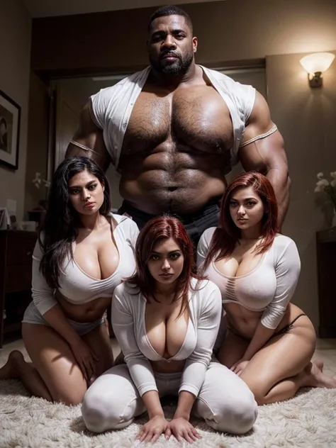 four persian girls with rich-auburn short hair wearing tight-shirts and long white jogging-pants  (the girls express lust and desire) (the girls smile)  (laying on-floor) (kneel in front of a huge muscular black african man) (the huge muscular black africa...