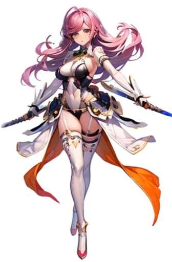 (((Best Quality))) , ((full body)), An adult female, white background, variety of hairstyles, variety of design, gauntlets, leotard, body stocking, (cropped shoulders), sword, holding sword, gloves,  orange, green, violet, white, pink, stand posture,