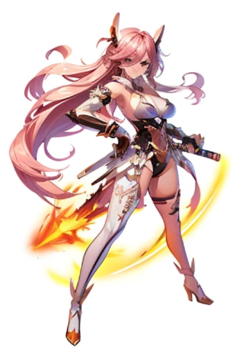 (((Best Quality))) , ((full body)), An adult female, white background, gauntlets, leotard, body stocking, (cropped shoulders), sword, holding sword, gloves,  orange, green, violet, white, pink, stand posture,