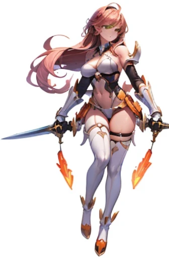 (((Best Quality))) , ((full body)), An adult female, white background, gauntlets, leotard, body stocking, (cropped shoulders), sword, holding sword, gloves,  orange, green, violet, white, pink, stand posture,