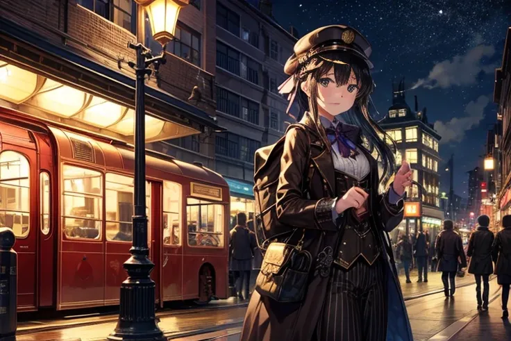 night、月night、steampunk、steam locomotive、bus、busの屋上、busの屋上に立つ美女