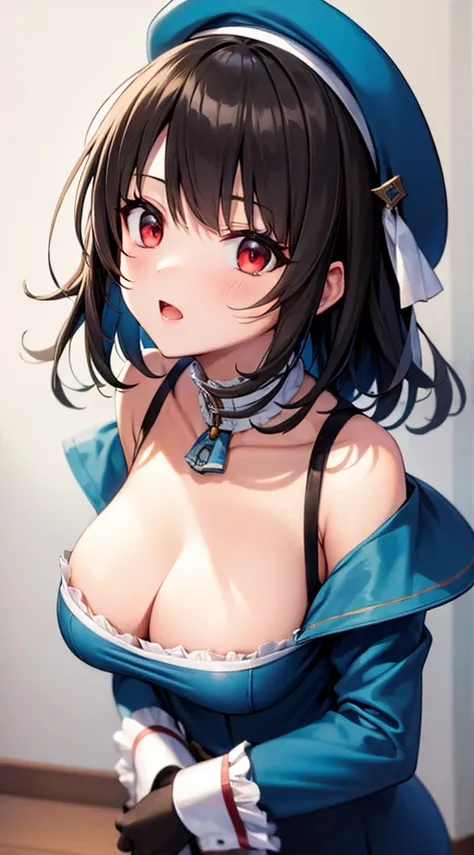 (masterpiece, highest quality:1.2),figure,8K,hd,1 girl,alone,Upper body,(portrait:1.2),Takao (KanColle),black hair,red eyes,short hair,big breasts,long sleeve,have,black gloves,black stockings,mini skirt,blue skirt,uniform,beret,garter strap,blue jacket,bl...