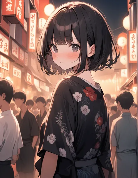 1 girl, black eyes, black hair, short hair with bangs, looks at the viewer, dressed in a black kimono, summer festival in Japan, night on the street, a lot of people, embarrassed appearance, blush, delicate tones