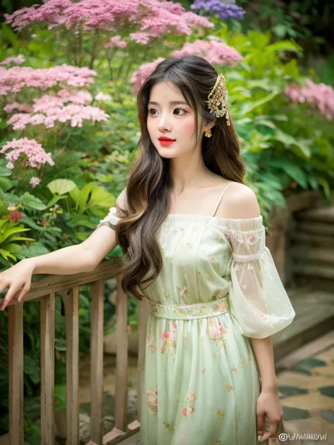 Beautiful myanmar young girl,with long hair, gazing directly at the viewer, adorned in a white floral print dress that reaches her ankles, intricately arranged hair ornament atop her wavy brown locks. Masterpiece in realistic style, absurdly detailed, high...