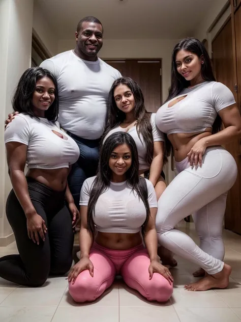 four girls wearing tight-shirts and long white  yoga-pants  (the girls express desire) (the girls smile) (kneeling on-floor) (the girls surround a huge muscular black african man) (the huge muscular black  african man is grinning)
