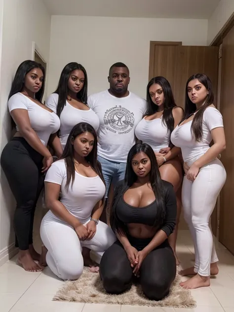 four girls wearing tight-shirts and long white  yoga-pants  (the girls express desire) (kneeling on-floor) (the girls surround a huge muscular black african man) (the huge muscular black  african man stares at the girls)
