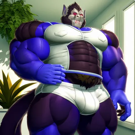 e621, by Aaron, solo hyper muscle gut male ((gorilla, prick ears, brown fur, hyper pecs, hyper penis, hyper butt, lot of cum in underwear, fur on cheek, long muzzle, brown monkey tail muscular abs,(purple body:1.5), big smooth muscles, glowing mono blue ey...