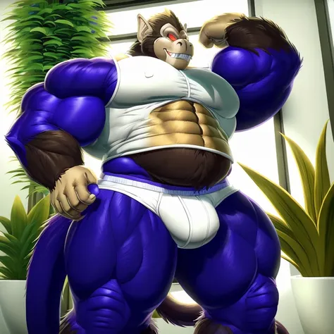 e621, by Aaron, solo hyper muscle gut male ((gorilla, prick ears, brown fur, hyper pecs, hyper penis, hyper butt, lot of cum in underwear, fur on cheek, long muzzle, brown monkey tail muscular abs,(purple body:1.5), big smooth muscles, glowing mono blue ey...