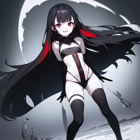 Girl, flat chest, pale white skin, black eyes with red shine, black medium hair, split bangs, black wool clothes, eerie, slightly opened mouth, smile, snow background.