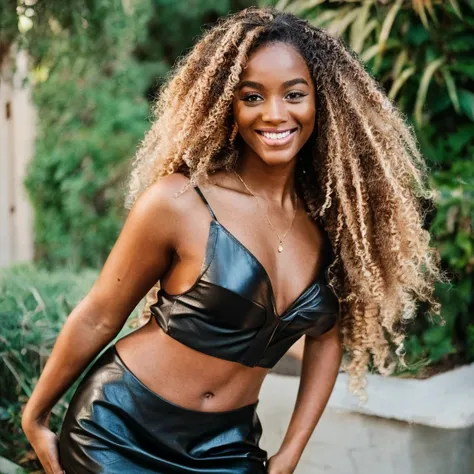 A beautiful melanin model wearing a leather top and skirt, her blonde ombre curly hair flowing freely, cute smile and kind eyes, gorgeous figure, radiant olive skin tone, Fujifilm GFX 100S, 56mm f/1.2 lens, selective focus on face, --style raw --stylize 10...