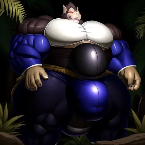 e621, (by aaron_(artist) ), solo focus, 1boy, male, gorilla, oozaru, large muscular body, (((((big hips, massive bulge, massivepecs))))), ((loincloth)), clothed sex, stealth sex, night, jungle, ((oblivious)), lust, masterpiece, best quality, photorealistic...