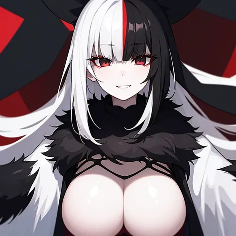 Girl, pale white skin, black eyes with red shine, black fluffy hair, black fur coat, eerie, slightly opened mouth, smile, snow background.