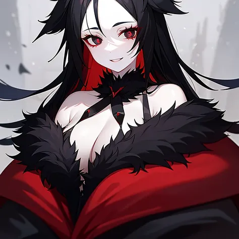 Girl, pale white skin, black eyes with red shine, black fluffy hair, black fur coat, eerie, slightly opened mouth, smile, snow background.