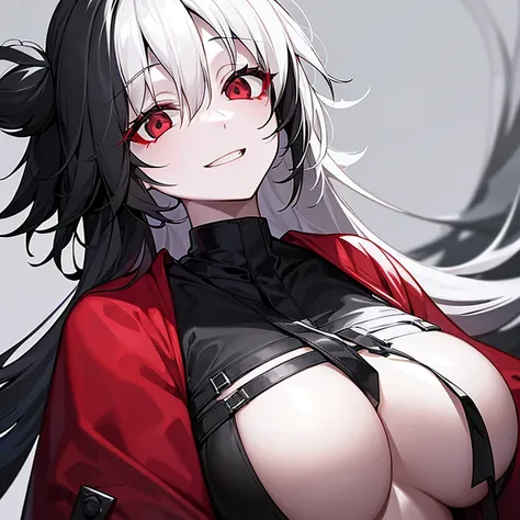 Girl, pale white skin, black eyes with red shine, black messy hair, black fur clothes, eerie, slightly opened mouth, smile, snow background.