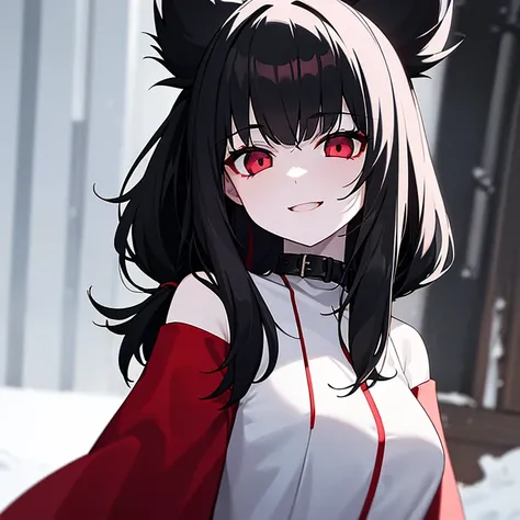 Girl, pale white skin, black eyes with red shine, black messy hair, black fur clothes, eerie, slightly opened mouth, smile, snow background.