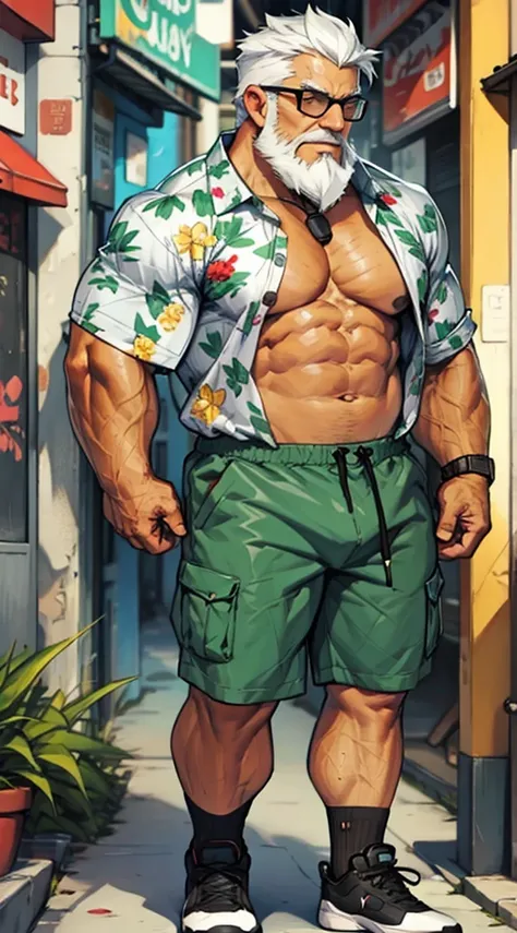 chubby old man in street city, old man, thick arm, huge arm, bearded. white hair and beard, bearded, muscular, pectoral, wide pectoral, beach, palm, realistic, 8k, masterpiece, (wearing shorts and white Hawaiian shirt, shoes)