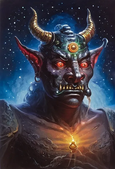 demon  statue, frontal portrait, there are countless incense burners in front, against the backdrop of the galactic universe, ph...