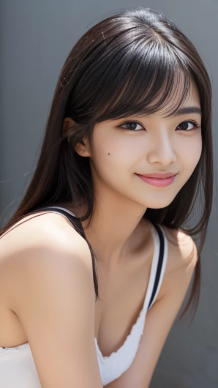 Lifelike depiction,Moisturized long straight black hair,((A small mole under the left eye)),18 year old beautiful girl,(medium chest),Lightly fluttering hair,(whole body),slightly dark skin,(Slightly droopy eyes),cute smile