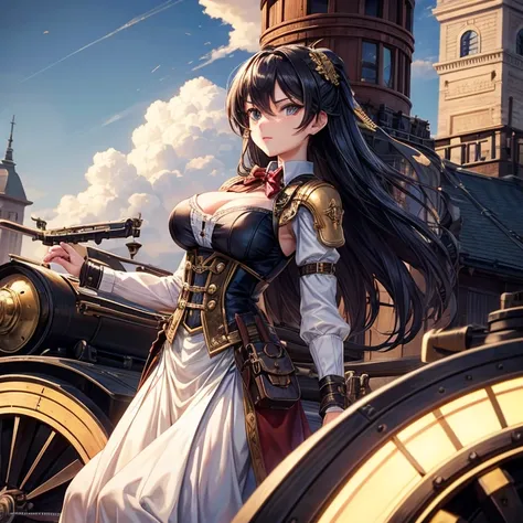 steam locomotive、On the roof、Beauty、Beautiful woman standing on the roof of a locomotive, steampunk, combat, super busty