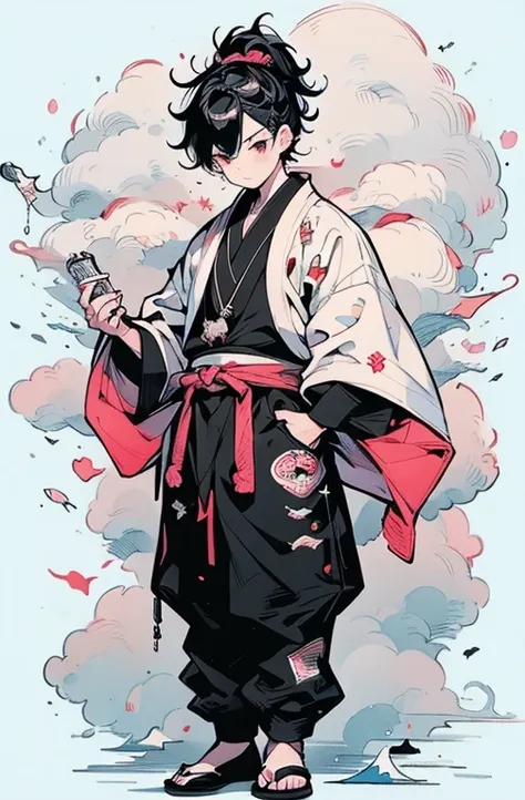 (((1 mature man、blackい古代中国の服を着ている、watercolor painting、腰までの長いblack髪、high ponytail、風になびくblack髪、sleeves fluttering in the wind、mast...