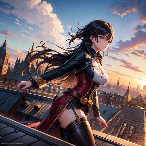 steam locomotive、On the roof、Beauty、(Beautiful woman standing on the roof of a locomotive), steampunk, combat, super busty