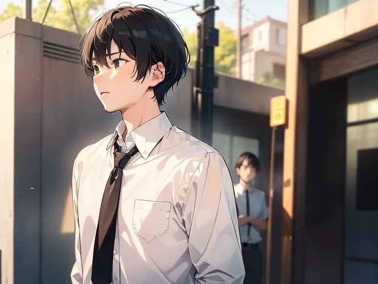 ((((boy, men, simple background)))),(((Long shot, taken from the front, 1 boy, white , short hair, black hair, black eyes, high school student, tall, serious face, tie))), ((On the way home from school)), ((Uniform)), (Masterpiece), (High resolution), (Top...