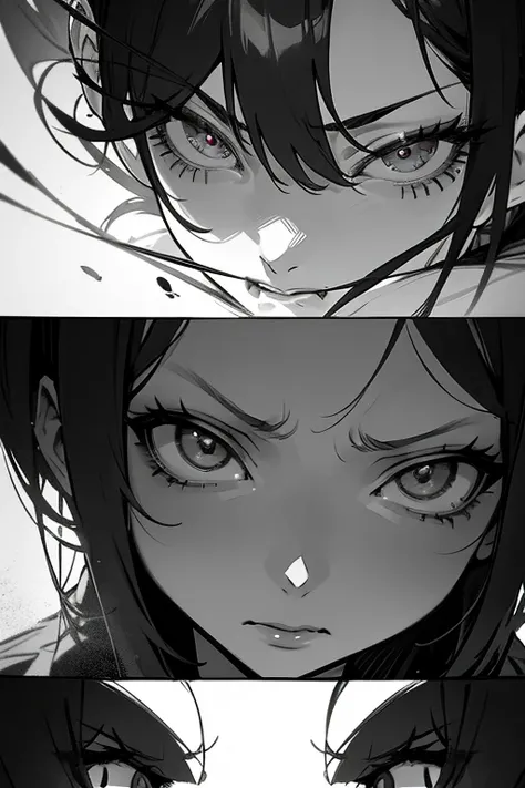 two girls , badly anger fighting, destruction, as manga comic anime, perfect anime, brutality, evil girl villain, expressions, 2-3 layers, B&W, highly detailed on eyes nose, hair  lips,, perfectly manga, highly detailed face draw in perspective