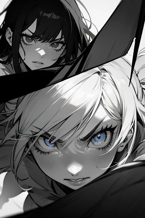 two girls , badly anger fighting, destruction, as manga comic anime, perfect anime, brutality, evil girl villain, expressions, 2-3 layers, B&W, highly detailed on eyes nose, hair  lips,, perfectly manga, highly detailed face draw in perspective