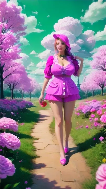 c4ndyl4ndai, candyland, candy trees, candy flowers, daylight, candy clouds, candy dogs, mature woman in candy micro shorts costu...