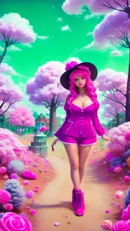 c4ndyl4ndai, candyland, candy trees, candy flowers, daylight, candy clouds, candy dogs, mature woman in candy micro shorts costu...