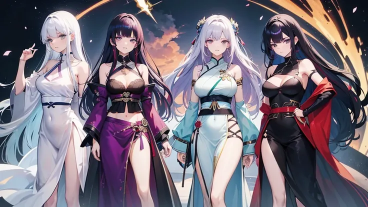 four people,woman,There is a sense of distance,Sexy off-the-shoulder,Open navel,Hanfu,red hair purple eyes,Blue hair and green eyes,Black hair, blue eyes,White hair and golden eyes,Take a sword,Want to fight
