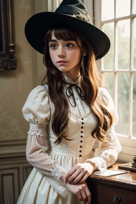 À la Fed image of a girl in a white lace dress and Leonardo da Vinci notes background, stunning young ethereal figure, portrait of a magical girl, portrait of a young witch girl, girl in steampunk clothes, musician girl in lace clothes, Natalia Dyer, Daphn...